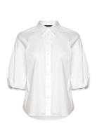 Cotton-Blend Bubble-Sleeve Shirt Tops Blouses Short-sleeved White Laur...