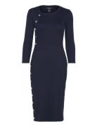 Button-Trim Rib-Knit Cotton-Blend Dress Knälång Klänning Navy Lauren R...