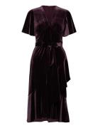 Belted Velvet Flutter-Sleeve Dress Knälång Klänning Burgundy Lauren Ra...